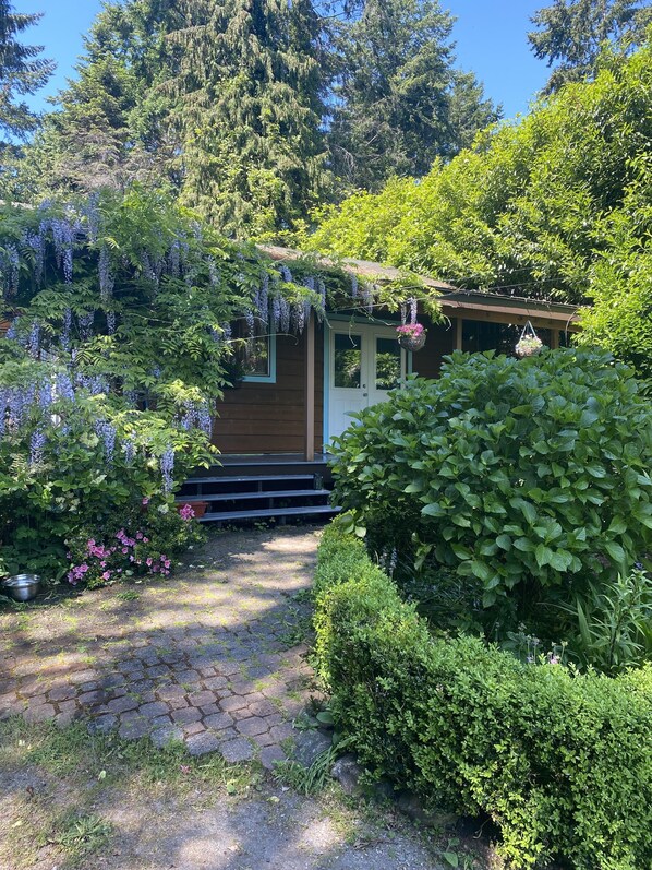 A wooden cabin with a stone pathway leading to the entrance, surrounded by lush greenery and hanging purple flowers. - Romantic Cottage with a covered Gas Fire Pit, 10 min walk to Sargeant Bay Beach (Halfmoon Bay)