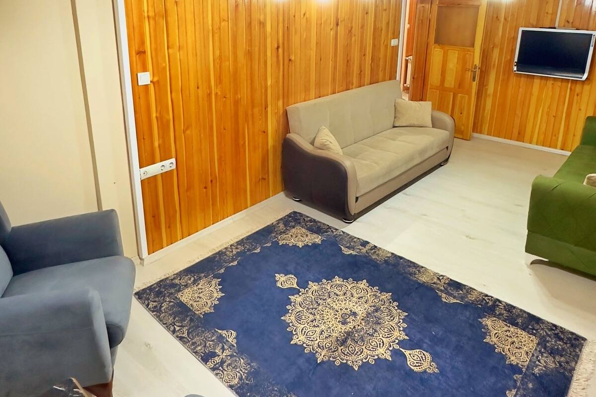 A living room with a wooden ceiling, a beige sofa, a blue armchair, a green armchair, and a patterned rug.