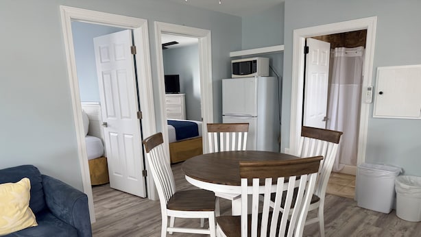 A compact living space with a dining table, chairs, a sofa, a microwave, and a refrigerator.