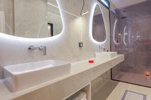 Shower, hair dryer, bathrobes, slippers
