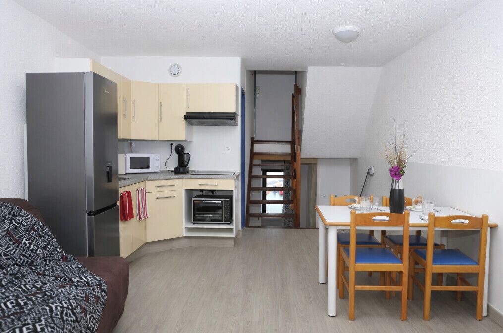 Une cuisine compacte équipée d’un réfrigérateur, d’un four à micro-ondes et d’un four traditionnel. On y trouve une table à manger avec des chaises et un vase rempli de fleurs. Un canapé est visible au premier plan.