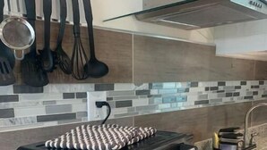 A kitchen with a toaster oven, a glass stovetop range hood, and a tiled backsplash. - Cozy In-Law Suite in South Lakeland (Lakeland)