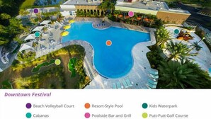 Vue aérienne d’un complexe hôtelier doté d’une grande piscine, de cabanas, d’un terrain de volley-ball de plage, d’un parc aquatique pour enfants, d’une piscine de style hôtelier, d’un bar-grill au bord de la piscine et d’un parcours de mini-golf.