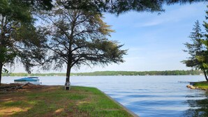 A lakeside view with a dock, a tree, and a grassy area.