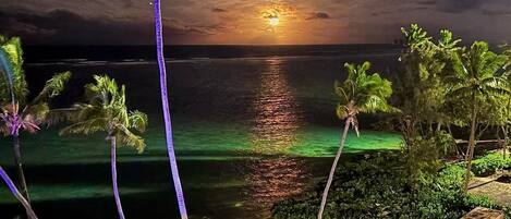 A sunset view over a beach with palm trees and a surfboard rack.