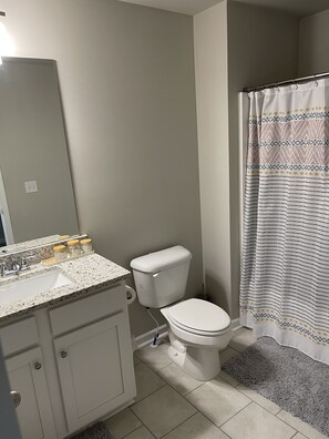 Hair dryer, towels, soap, toilet paper