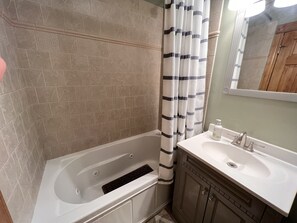 Hair dryer, towels, soap, toilet paper