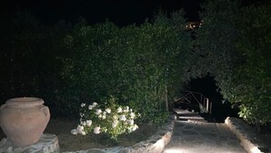 Un sendero de piedra que atraviesa un jardín de noche, iluminado por luces colgantes.