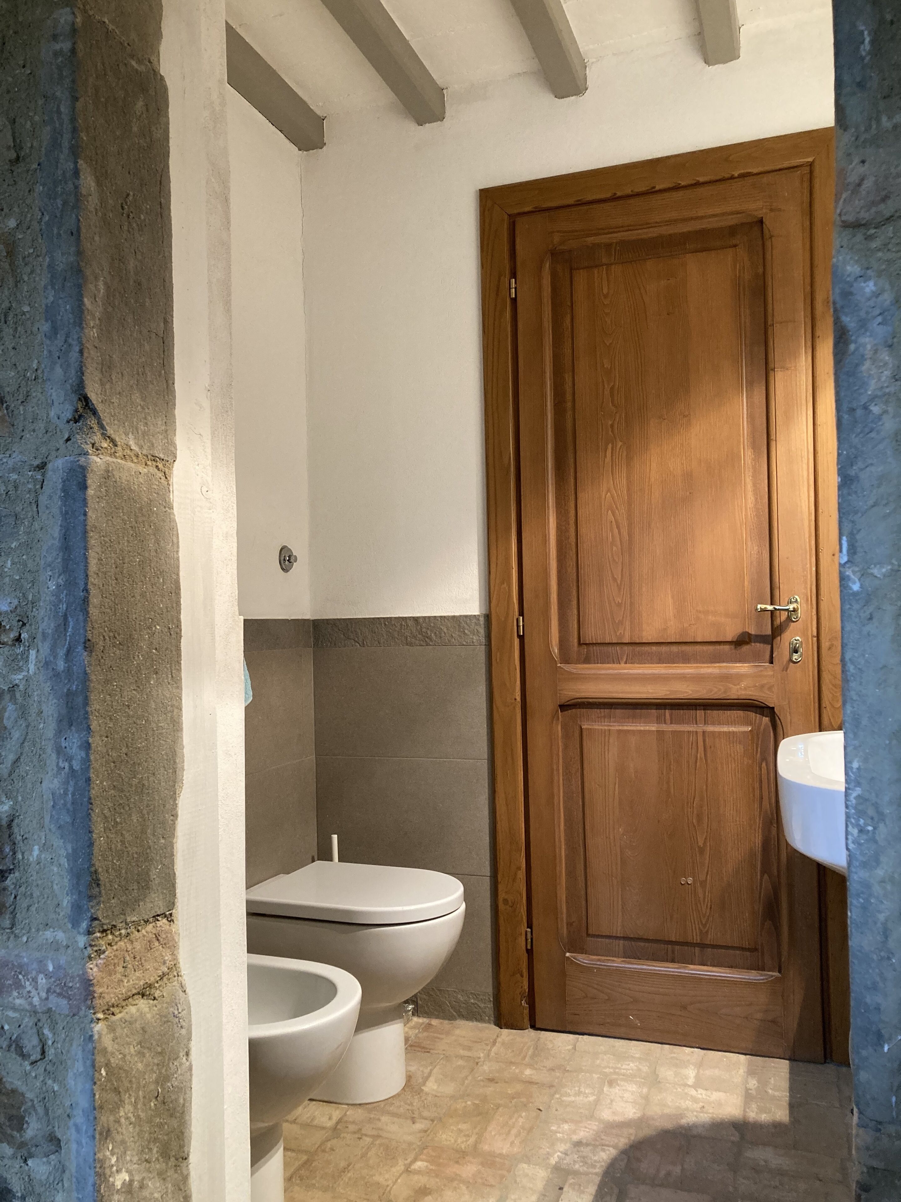 Ein Badezimmer mit Holztür, Toilette in Weiß und Waschbecken.