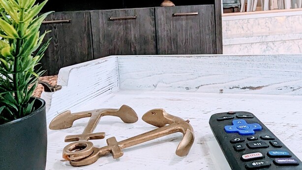 Un salon avec un téléviseur fixé au mur, une table basse en bois, une télécommande et une plante.