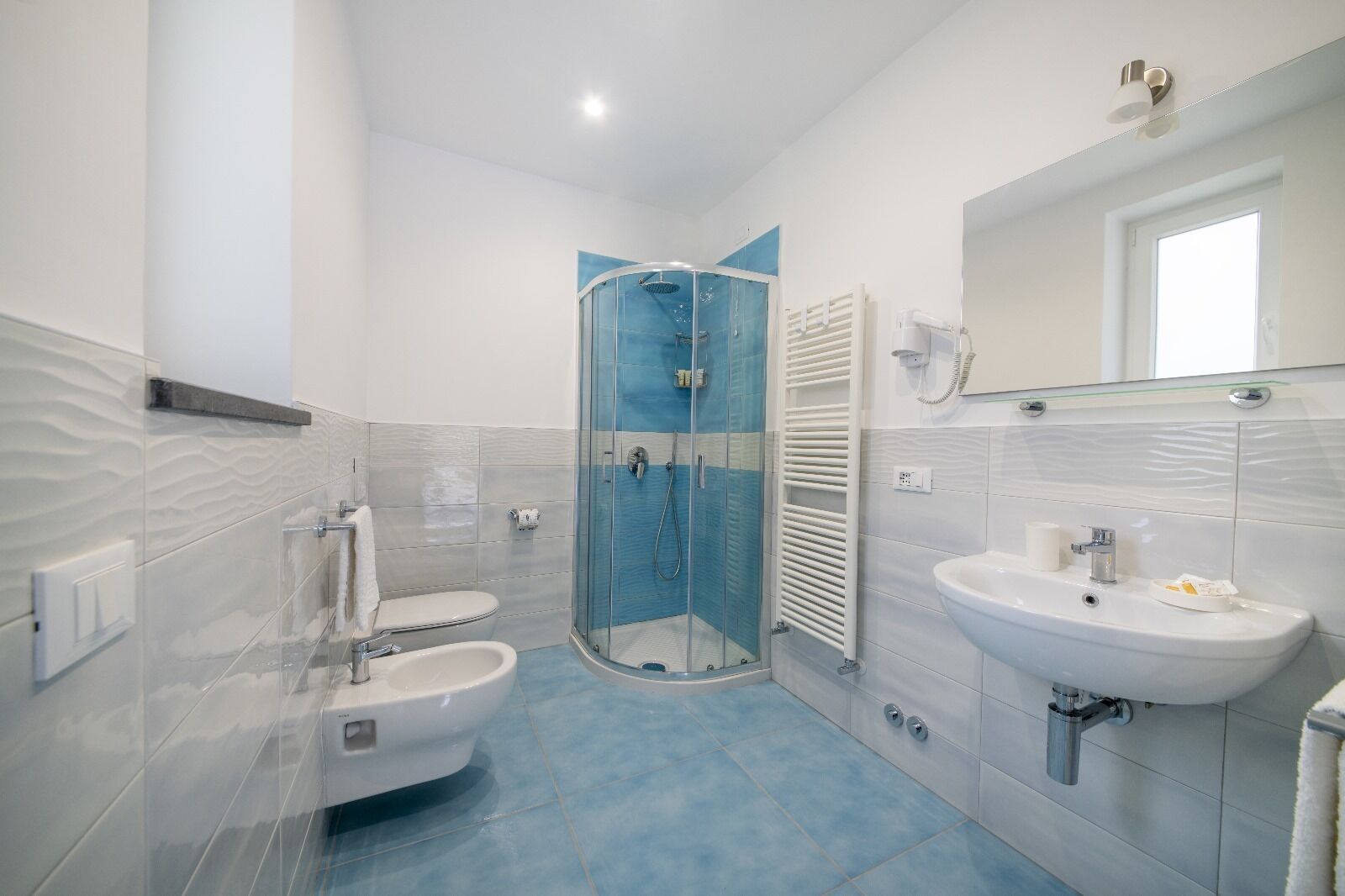 Shower, free toiletries, hair dryer, bidet