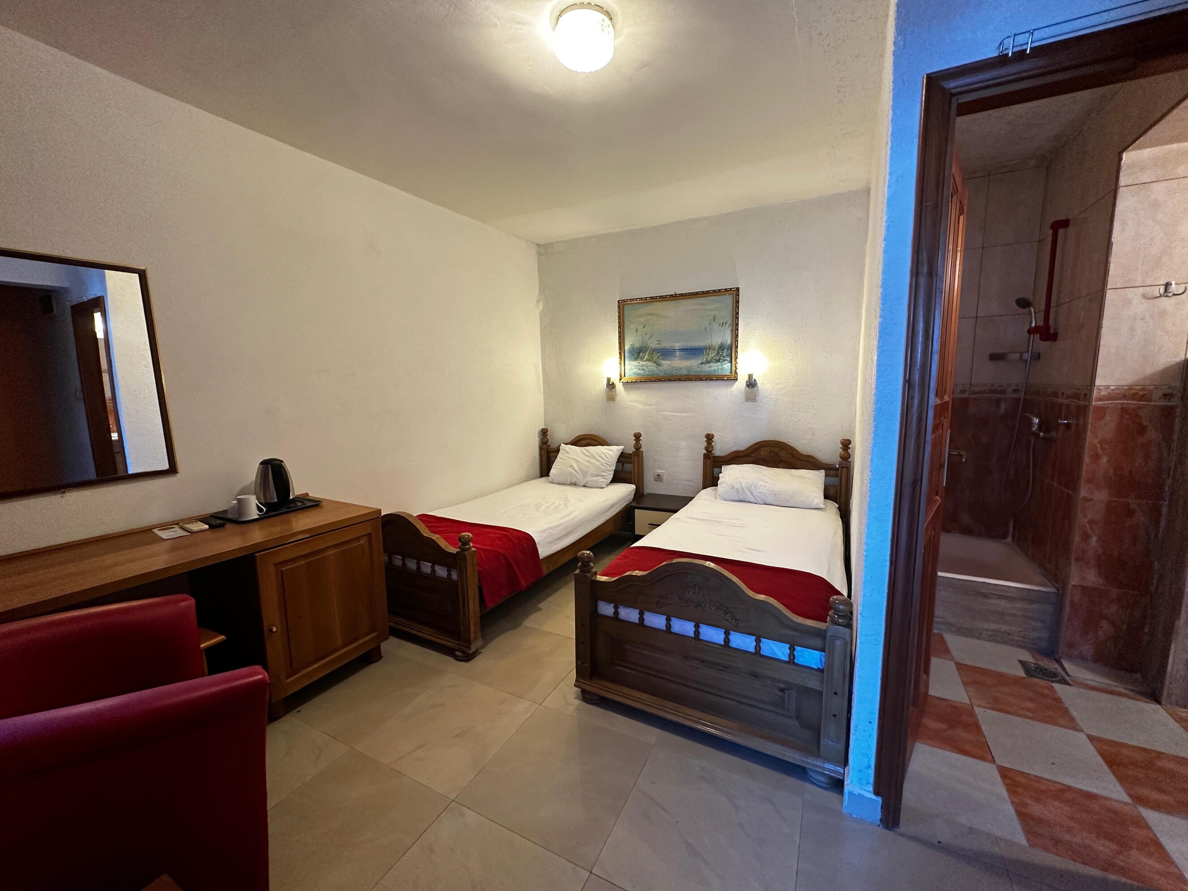 A hotel room with two single beds, a desk with a chair, a mirror, a painting on the wall, and a shower area.