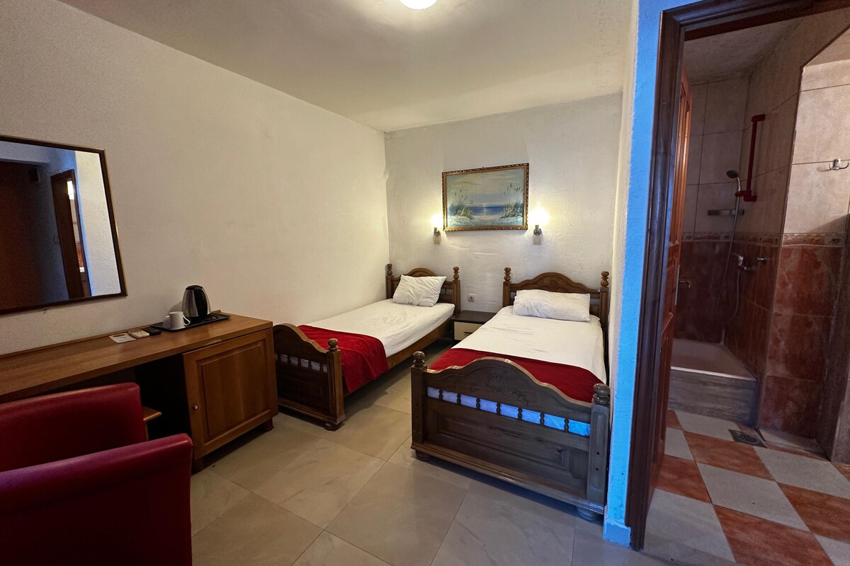 A hotel room with two single beds, a desk with a chair, a mirror, a painting on the wall, and a shower area.