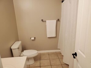 Hair dryer, towels, soap, shampoo