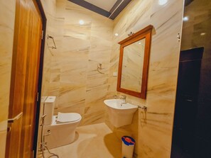 Hair dryer, towels, soap, shampoo