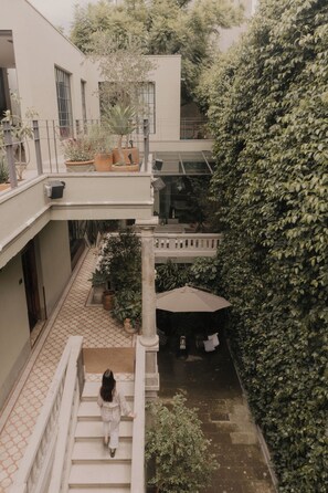 Um pátio com escadaria que dá para um segundo andar, cercado por plantas em vasos e um grande arbusto.