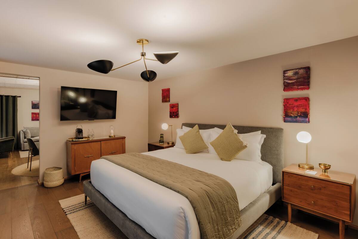 A modern bedroom with a large bed, bedside tables, a TV, and artwork on the walls.