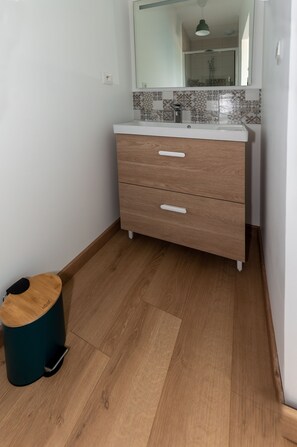 Shower, hair dryer, toilet paper