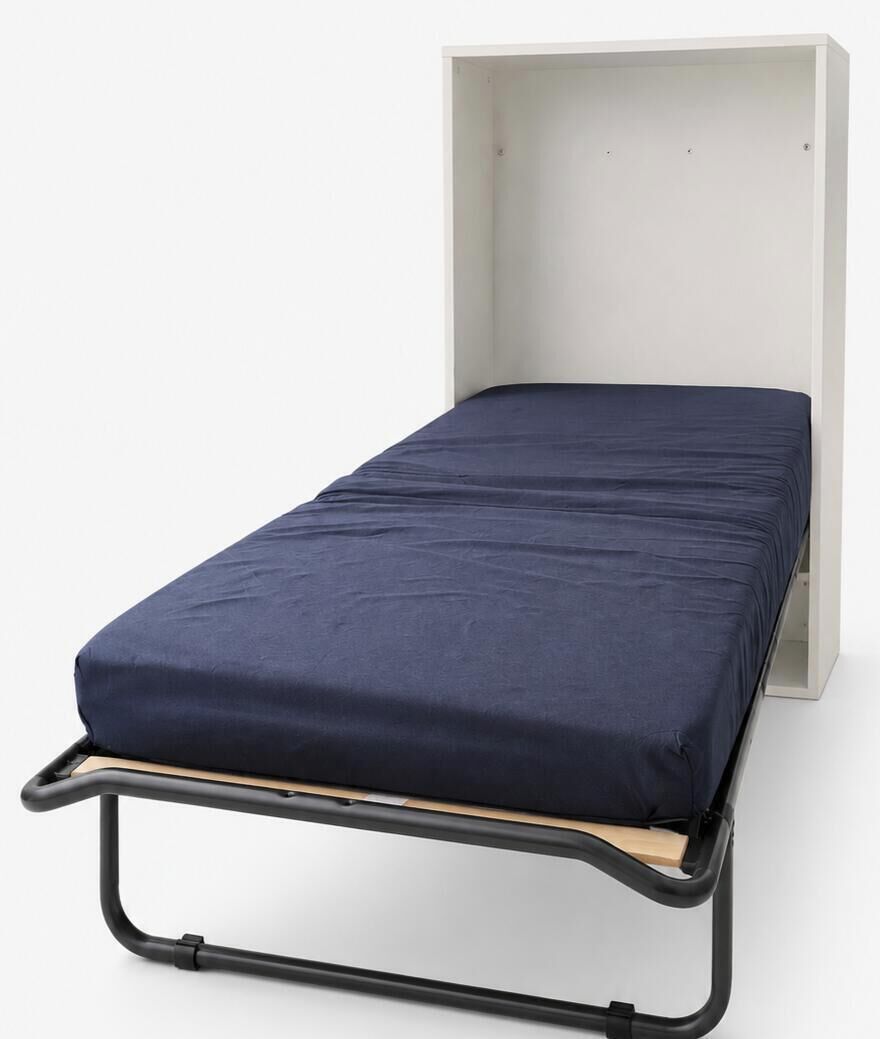 Una cama individual con un colchón azul oscuro en una habitación blanca.