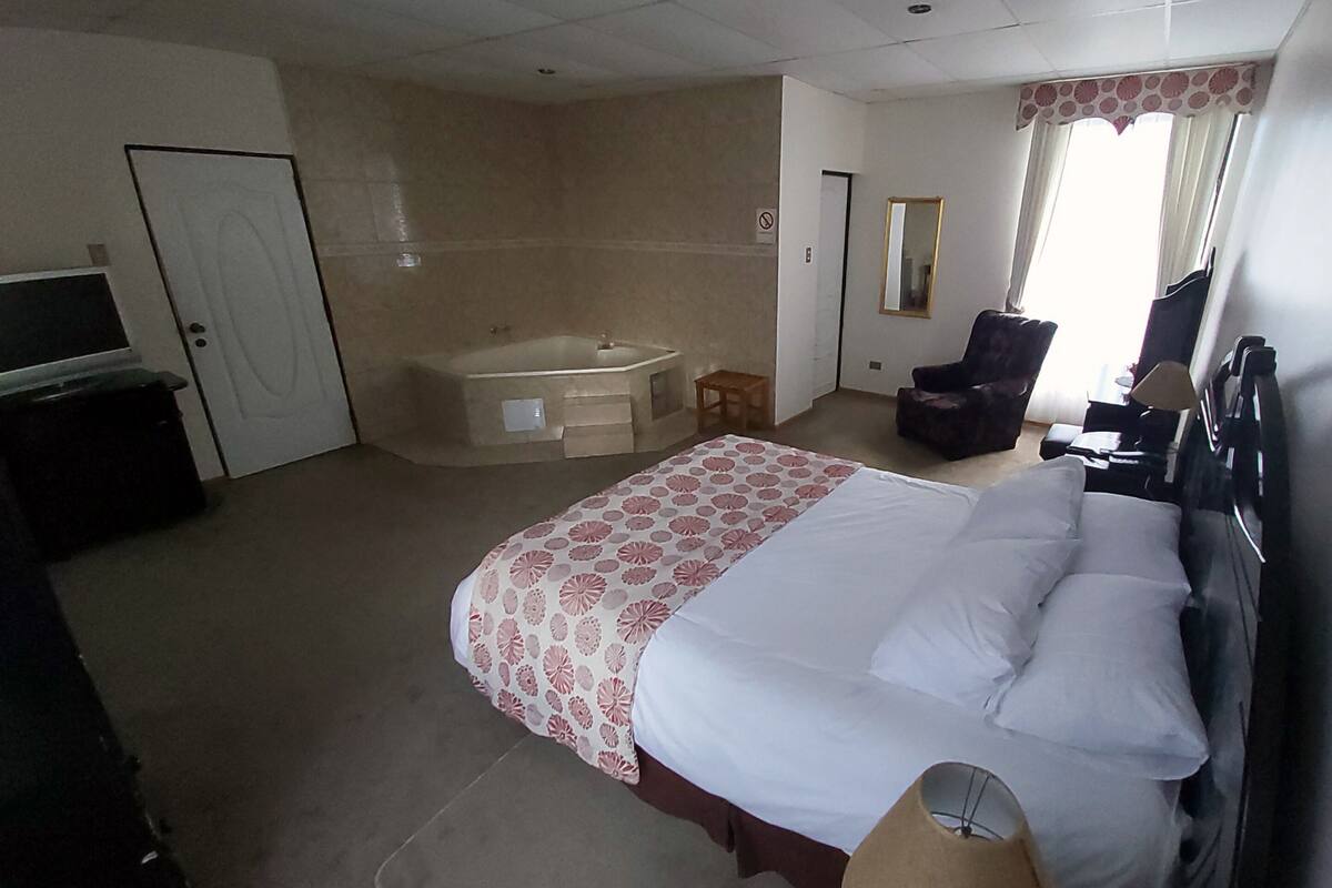 Un dormitorio con una cama grande, una bañera, una silla y un televisor.