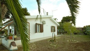 Ein weißes Haus mit zwei Fenstern, ein kleiner Garten mit Palmen und ein weißer Zaun.