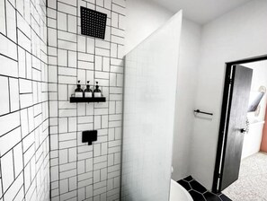 Chuveiro, sabonete, shampoo, papel higiênico