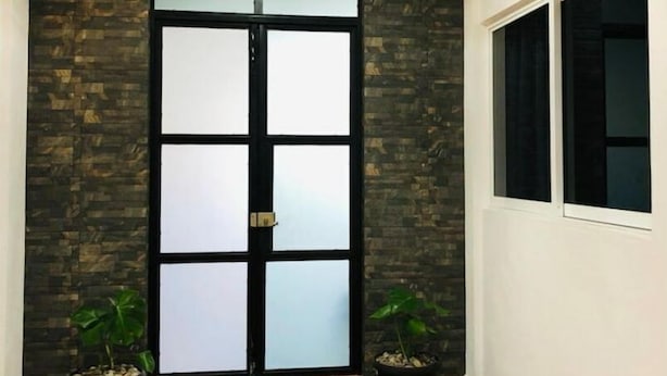 A hallway with a dark textured wall, a glass door with a black frame, and a window on the right. There are two potted plants on the floor.