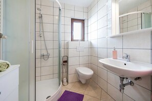 Ein modernes Badezimmer mit einer Duschkabine, einer weißen Toilette und einem Waschbecken mit Seifenspender.