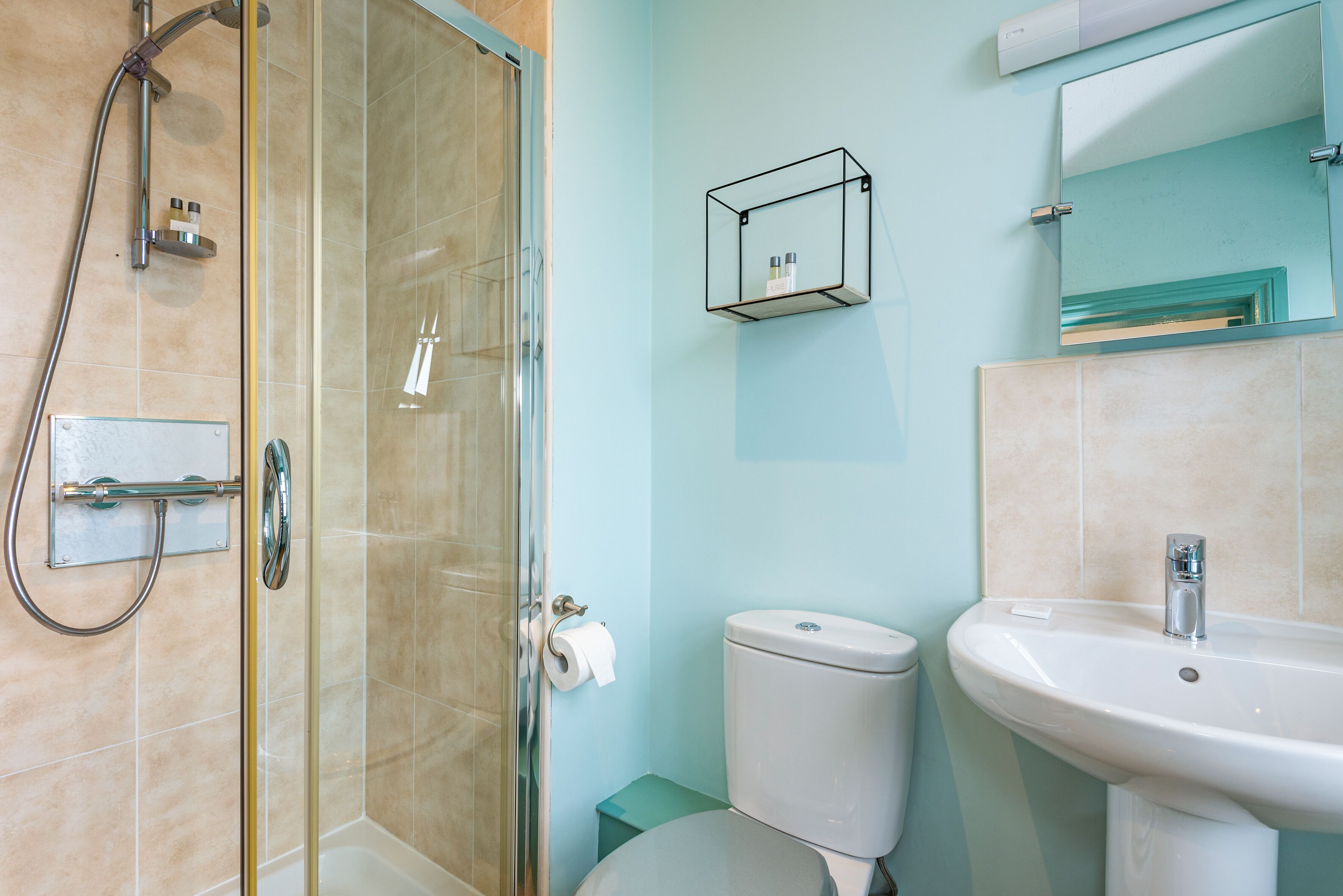 A bathroom with a glass shower enclosure, a toilet, a sink, and a mirror above the sink.
