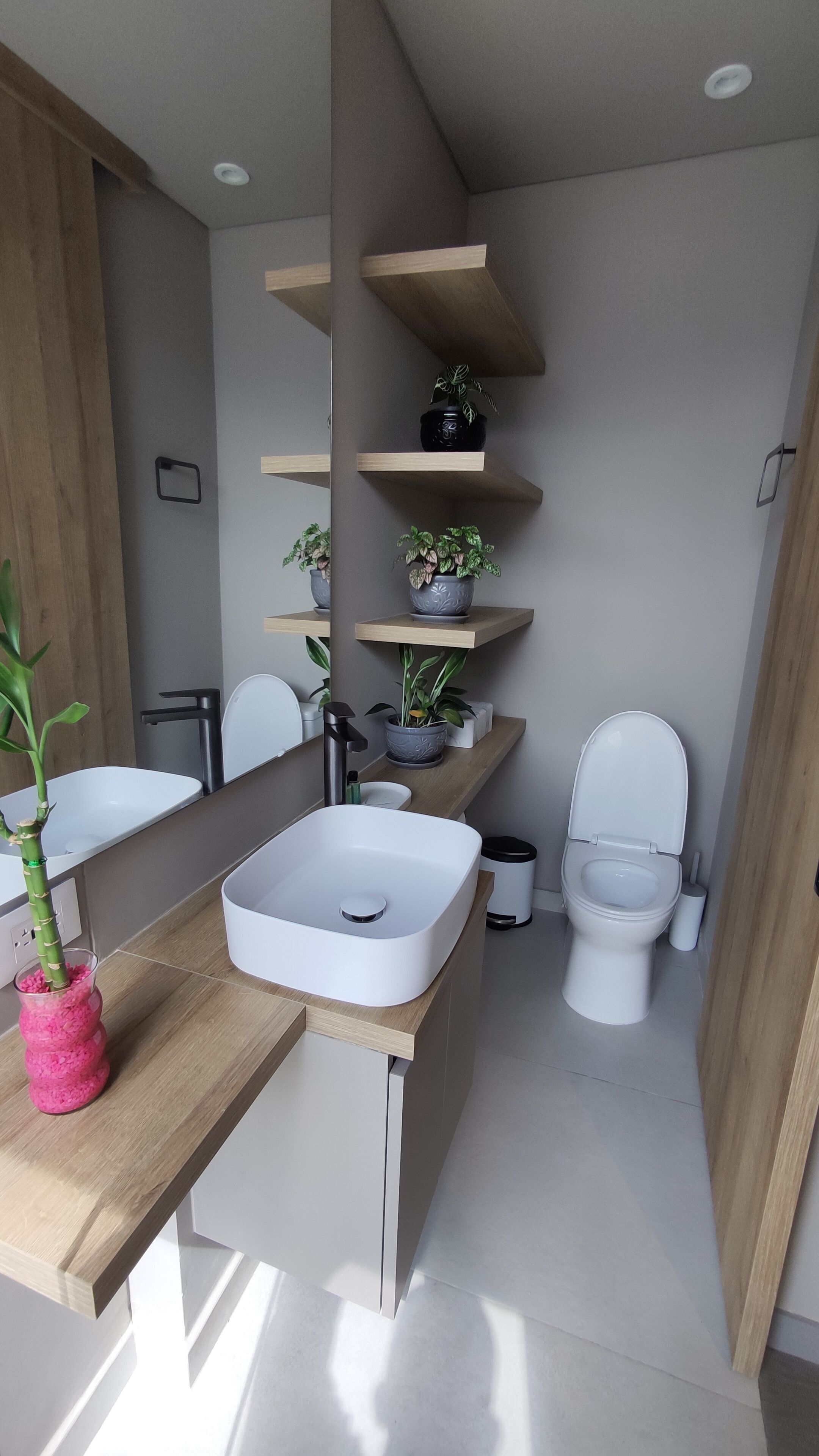 Een moderne badkamer met een grote spiegel, twee wastafels, een toilet en houten planken met planten.