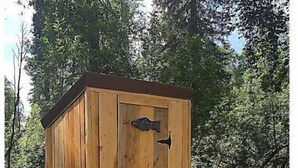 Un baño exterior de madera con puerta frontal y un pequeño escalón de madera que lleva a ella.