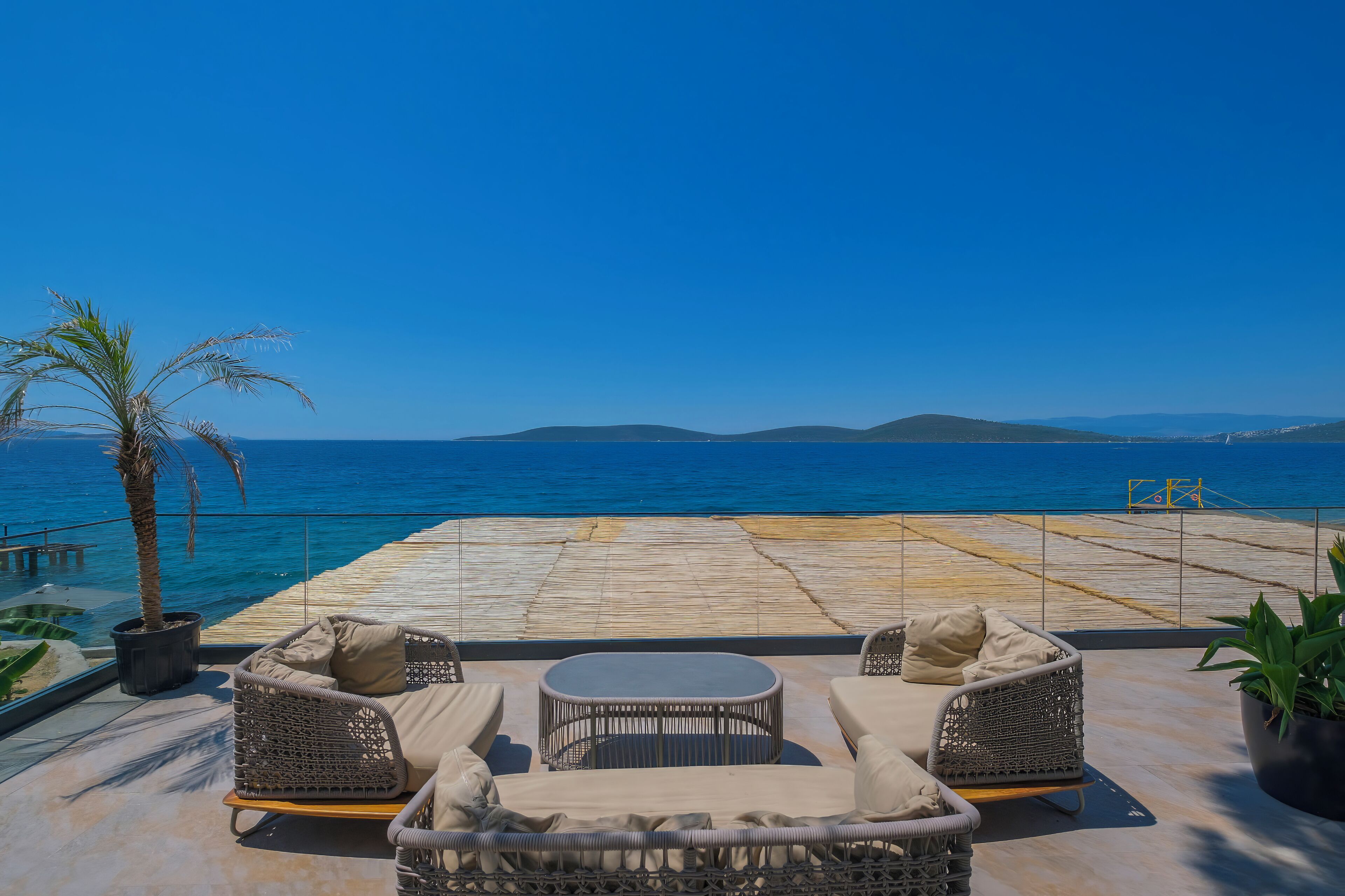 A terrace with wicker furniture, a palm tree, and a view of the sea.