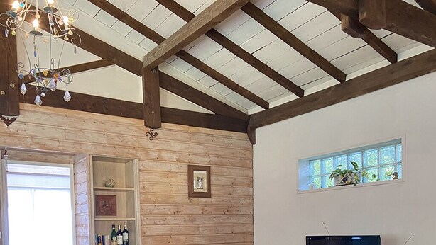 A cozy living room with a leather sofa, a television, and a wooden ceiling. - Typée, Accueillante et Confortable Maison (Pessac)