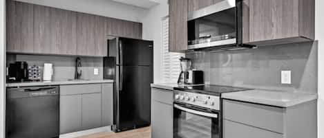 Fridge, microwave, oven, dishwasher