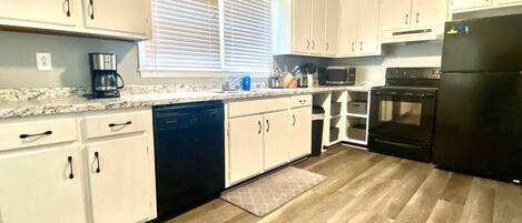 Fridge, microwave, stovetop, toaster