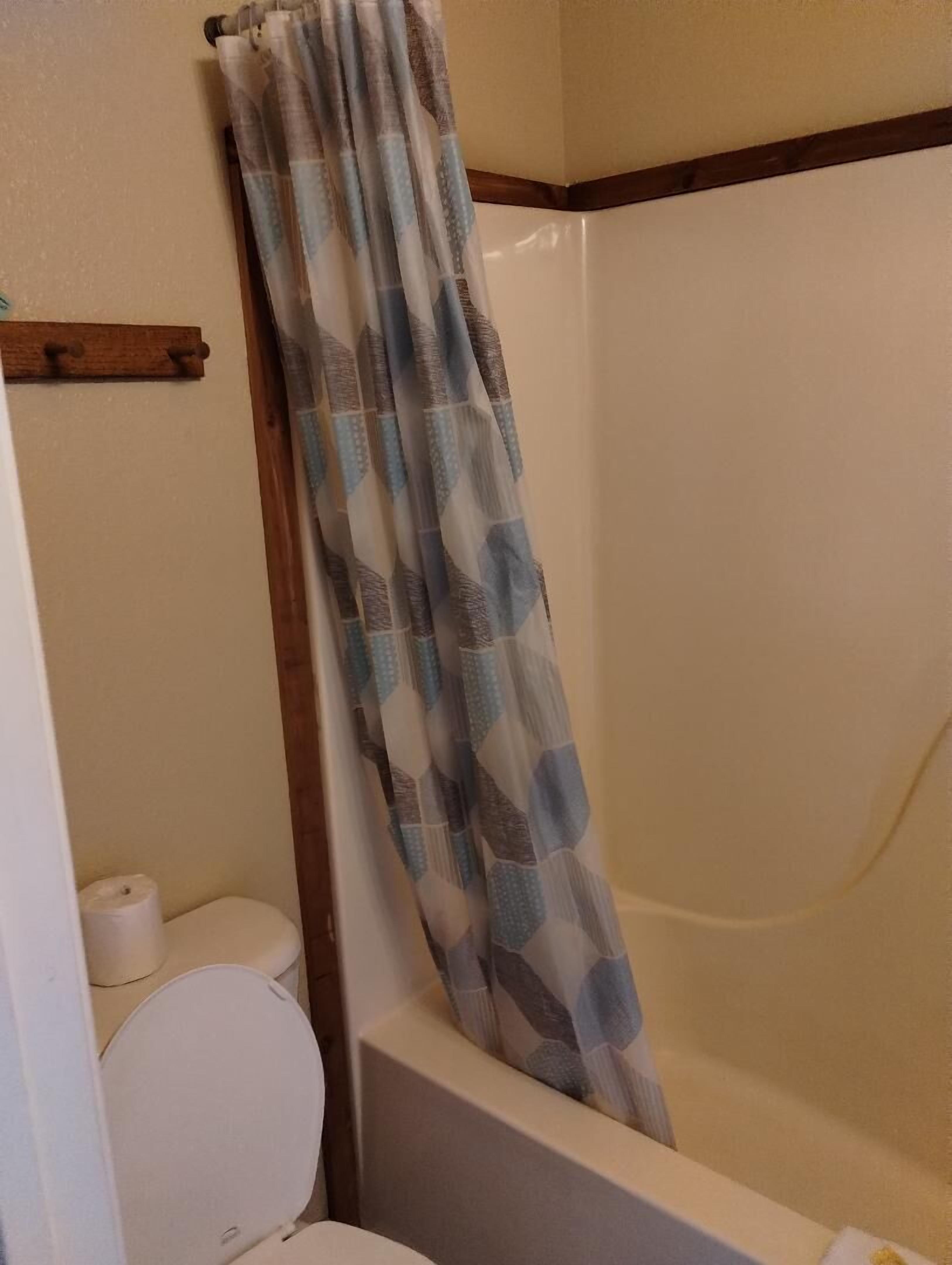A bathroom with a toilet, a shower curtain, and a bathtub.