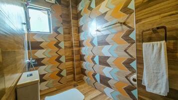Hair dryer, towels, soap, shampoo