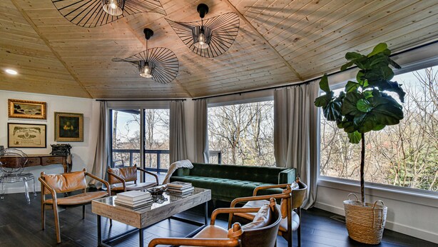 A spacious room with a wooden ceiling, a green sofa, leather chairs, a coffee table with books, and a large plant. - La Maison Mirch - Luxe Design Retreat (Asheville)