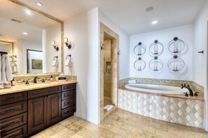 Shower, jetted bath, hair dryer, towels - AMAZING views!!! Newly renovated luxury beachfront condo at Hacienda Beach Club! (Cabo San Lucas, B.C.S., Mexico)