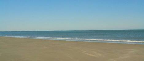 A beach with a clear sky and calm sea.