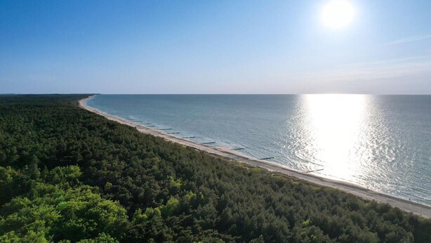 A coastal landscape with a beach and dense forest. - 1 bedroom amazing home in Mrzezyno (Mrzezyno)
