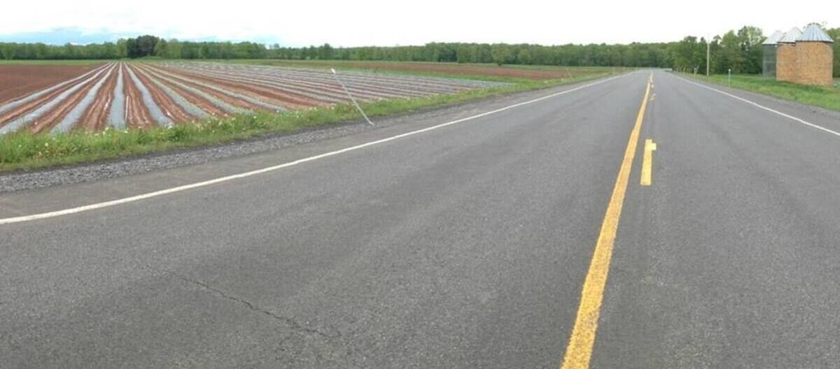 Une route droite, avec une ligne jaune au milieu, bordée de champs de chaque côté.