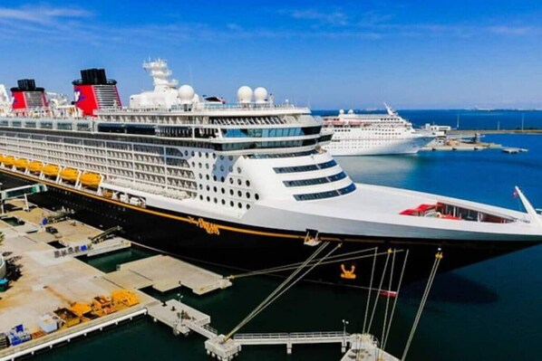 A large cruise ship docked at a port with multiple decks and lifeboats visible.