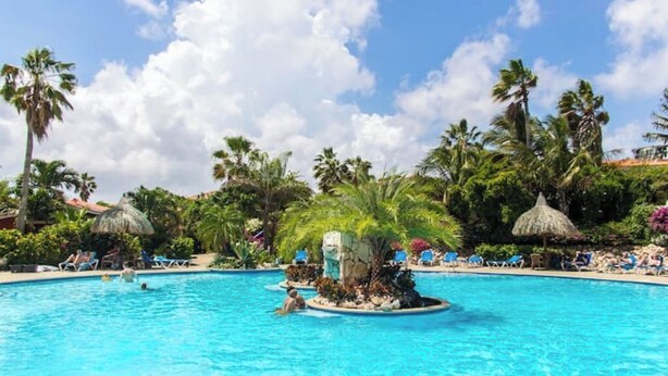 A clear blue pool with palm trees and lounge chairs around it. - CASA ARTE- Modern Apt+ Car option & Pool (Willemstad)