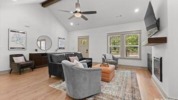 Smart TV, fireplace, books