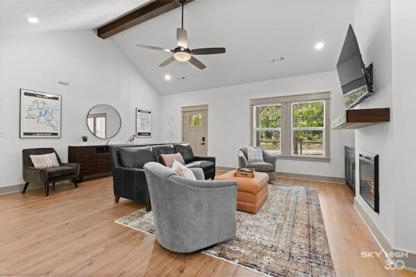 Smart TV, fireplace, books