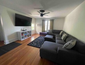 Smart TV, chimenea, reproductor de DVD y libros 