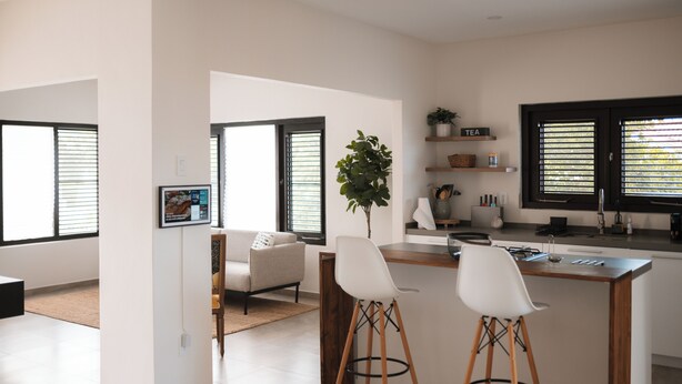 Eine moderne Küche mit Bar, Essbereich mit Sofa und einem Blumentopf.