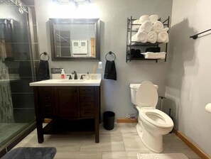 Shower, hair dryer, towels, soap