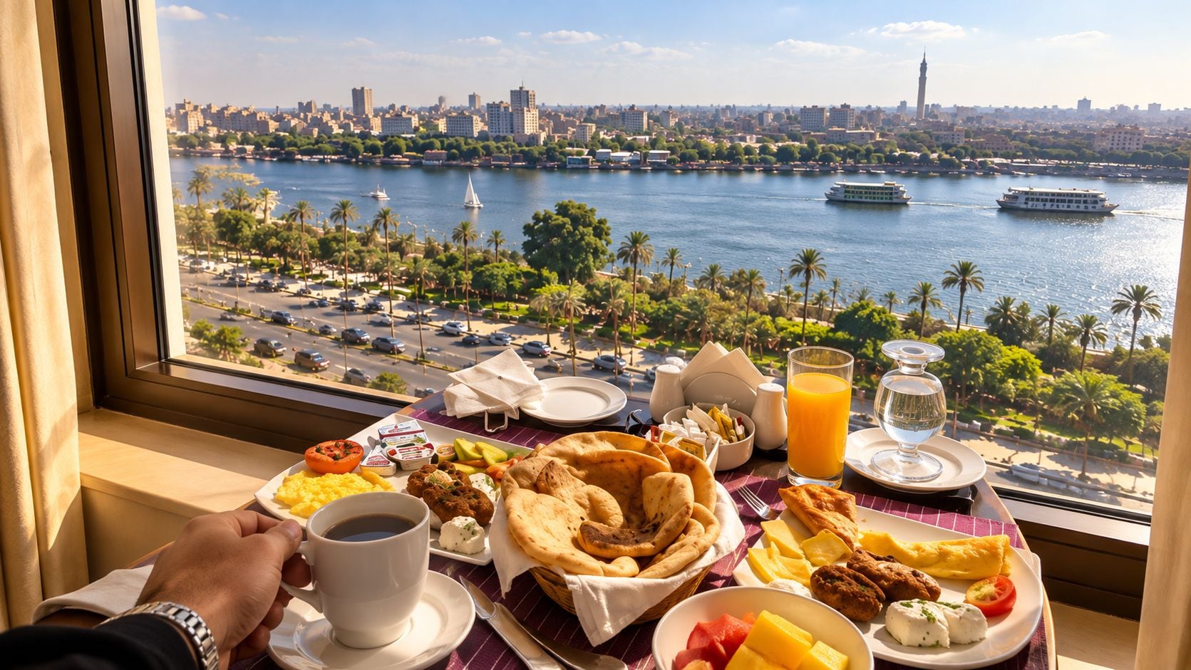 Una mesa de desayuno con vistas a un río y al paisaje urbano.